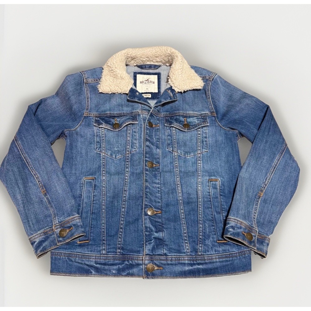 Hollister Denim Trucker Jacket Small Sherpa Collar Blue Stretch Jean Coat Mens